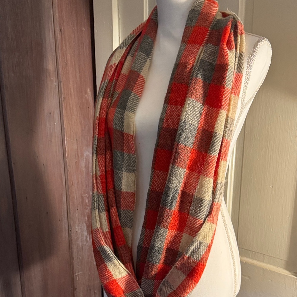 Plaid Infinity Scarf in Gray, Cream and Reddish-Orange